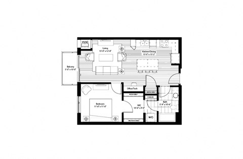 Floor plan for 1 bed, 1 bath, 740 sqft